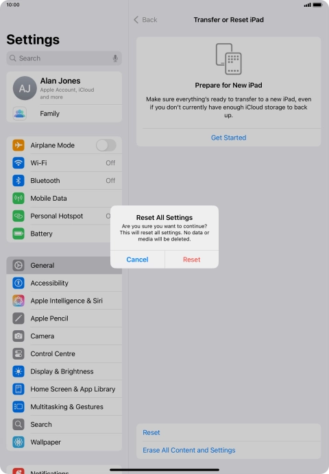 Press Reset. Wait a moment while the factory default settings are restored. Follow the instructions on the screen to set up your tablet and prepare it for use.
