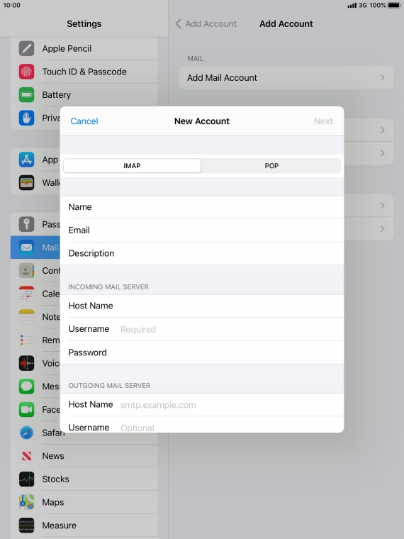 Press Username and key in the username for your email account.