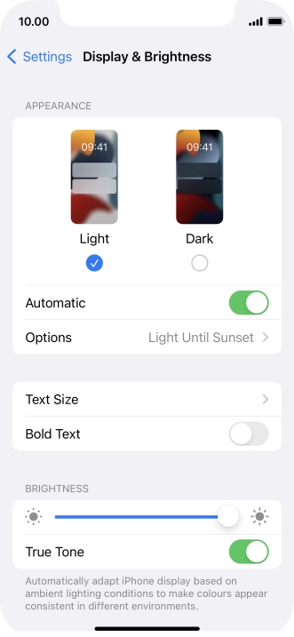 If you turn on the function, press Options and follow the instructions on the screen to select the required period of time for Dark Mode.