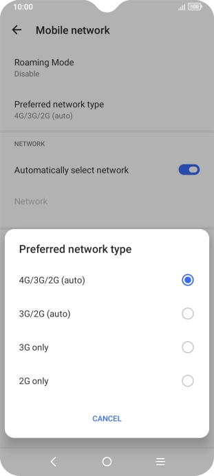 Press the required network mode.