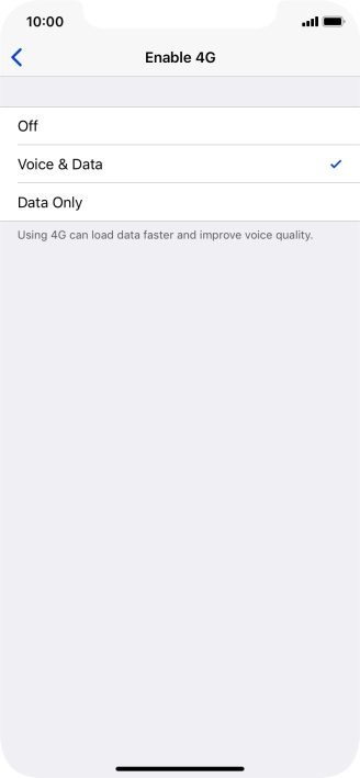 To turn off use of 4G, press Off.