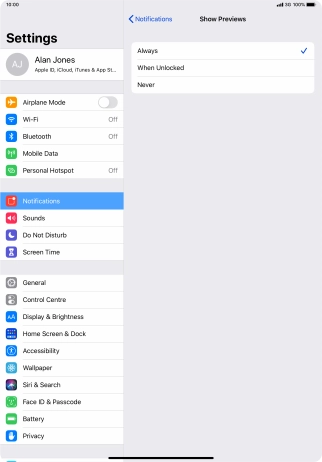 To select notification preview on the lock screen, press Always.