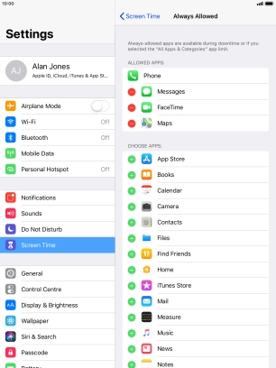 Press the add icon next to the required app to add it to the list of allowed apps during Downtime.