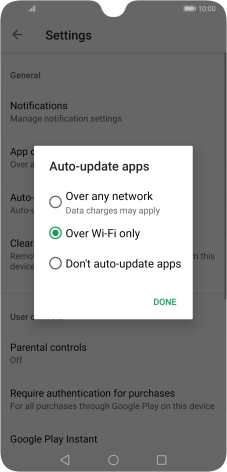 To turn on automatic update of apps using mobile network, press Over any network Data charges may apply.