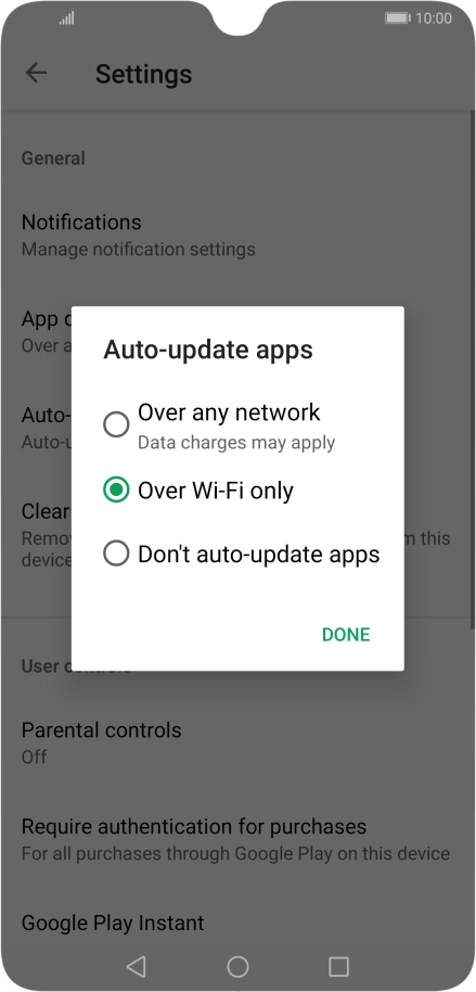 To turn on automatic update of apps using mobile network, press Over any network Data charges may apply.