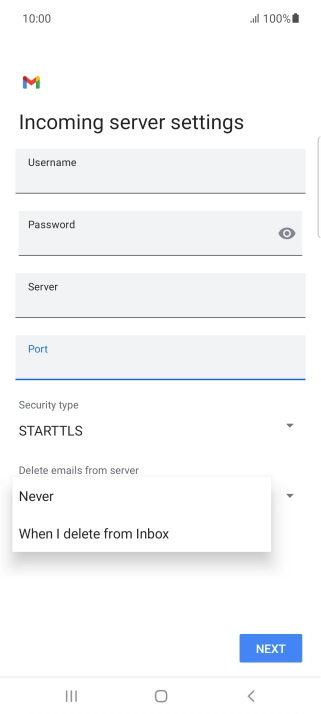 Press Never to keep email messages on the server when you delete them on your phone.