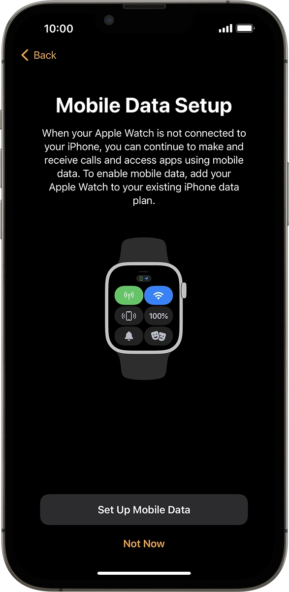 On your phone: Follow the instructions on the screen to set up mobile data on your Apple Watch or press Not Now.