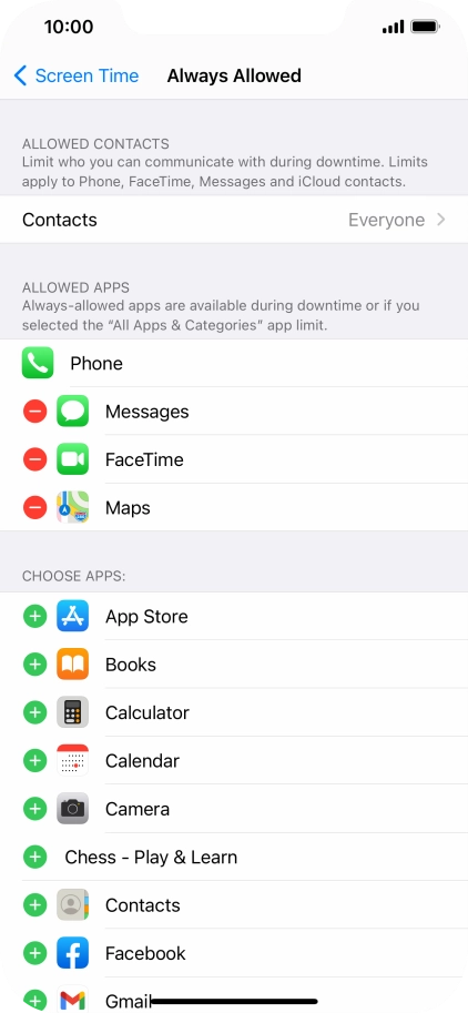 Press the add icon next to the required app to add it to the list of allowed apps during Downtime.