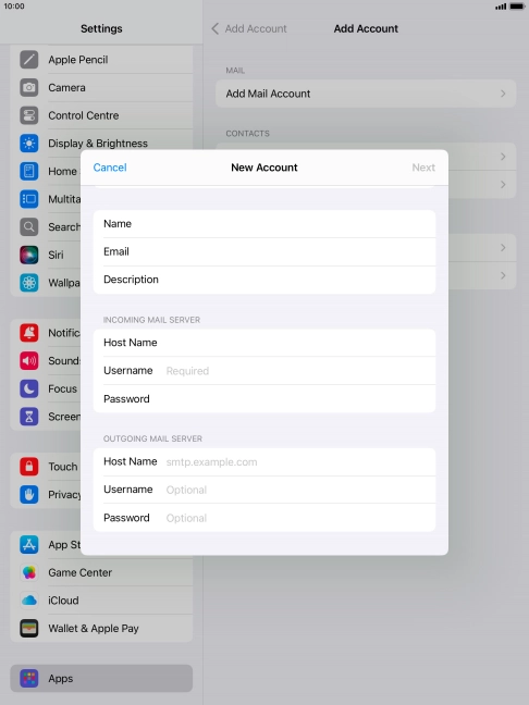 Press Username and key in the username for your email account.