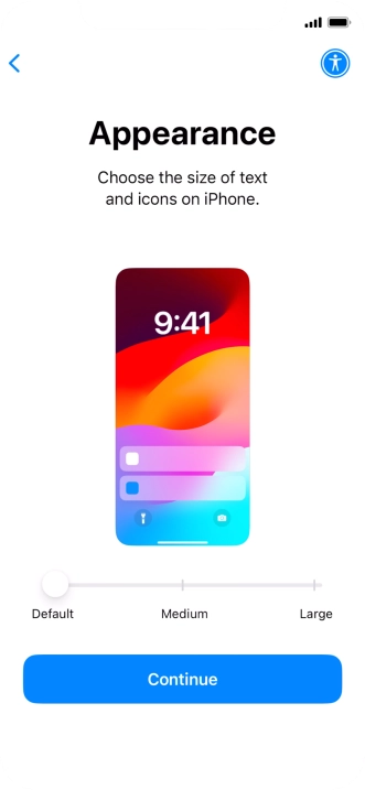 Select the required text and icon size on your phone and press Continue.