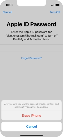 Key in the password for your Apple ID and press Erase iPhone. Wait a moment while the factory default settings are restored. Follow the instructions on the screen to set up your phone and prepare it for use.