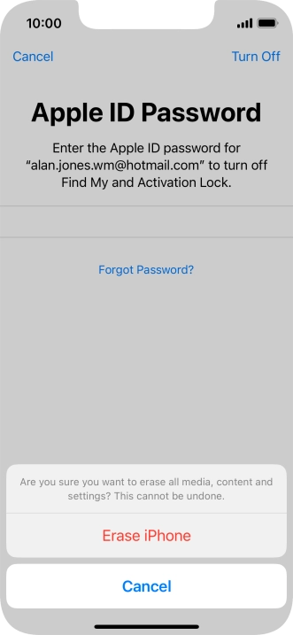 Key in the password for your Apple ID and press Erase iPhone. Wait a moment while the factory default settings are restored. Follow the instructions on the screen to set up your phone and prepare it for use.