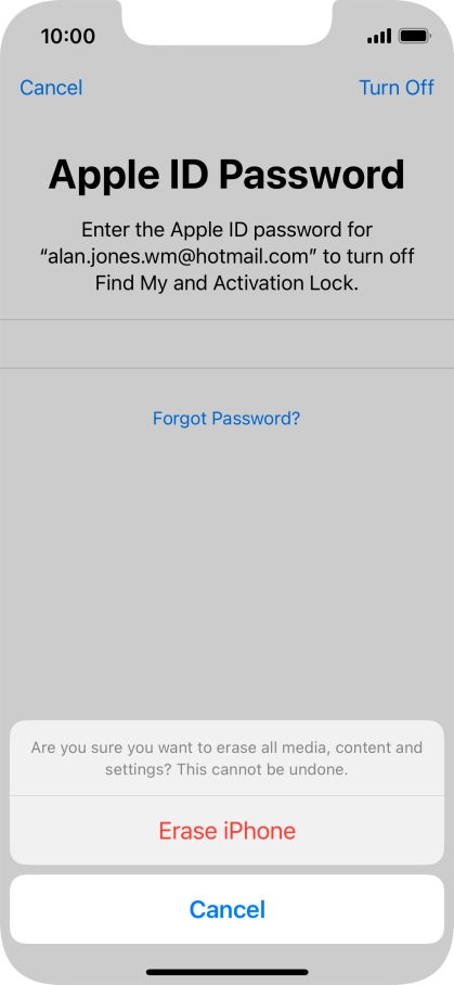 Key in the password for your Apple ID and press Erase iPhone. Wait a moment while the factory default settings are restored. Follow the instructions on the screen to set up your phone and prepare it for use.