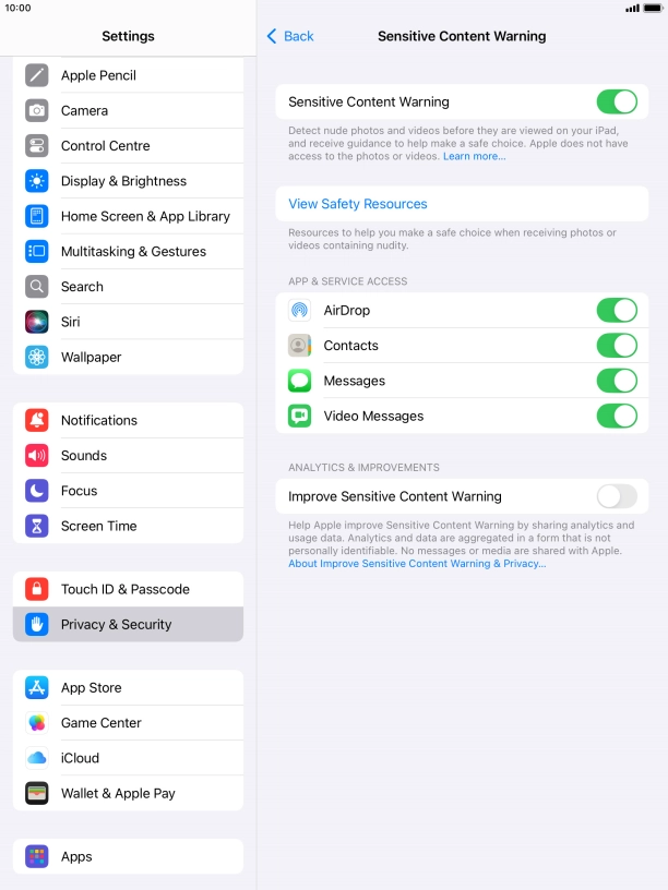 Press the indicators next to the required applications to turn the function on or off.