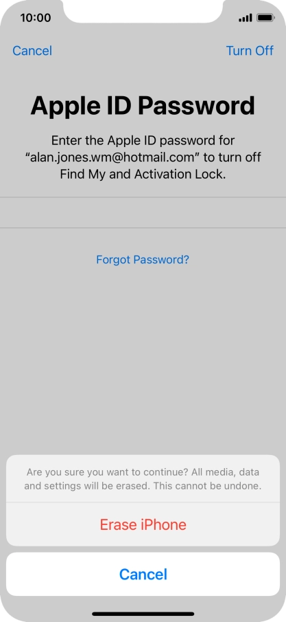 Key in the password for your Apple ID and press Erase iPhone. Wait a moment while the factory default settings are restored. Follow the instructions on the screen to set up your phone and prepare it for use.
