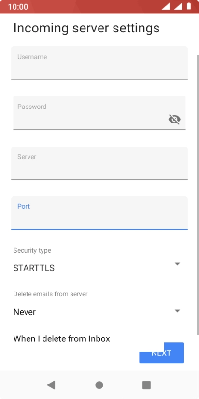Press Never to keep email messages on the server when you delete them on your phone.