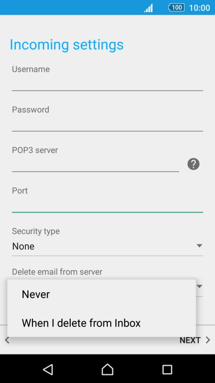 Press Never to keep email messages on the server when you delete them on your phone.
