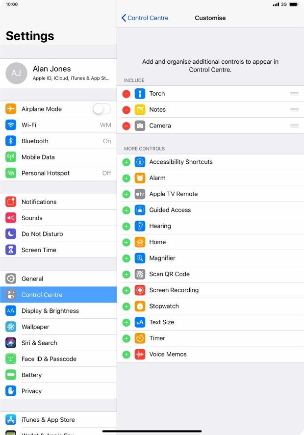 Press the delete icon next to the required function to remove it from Control Centre.