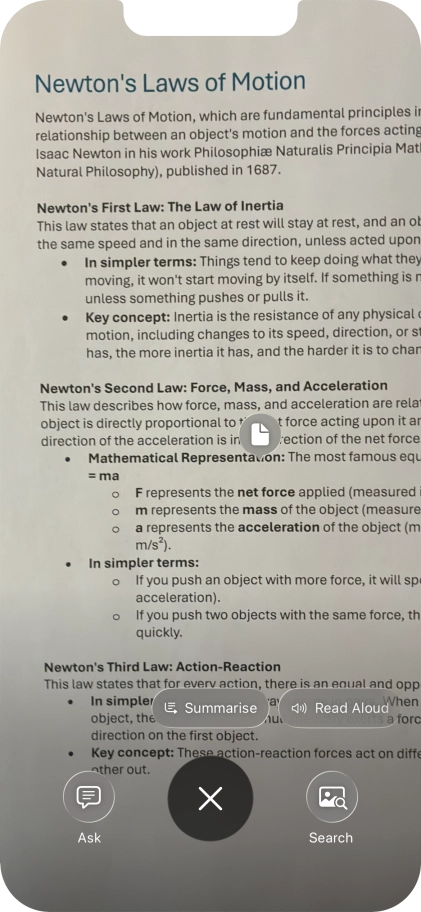 To use visual intelligence on a text, take a picture of the text, press the required setting and follow the instructions on the screen to use the function.