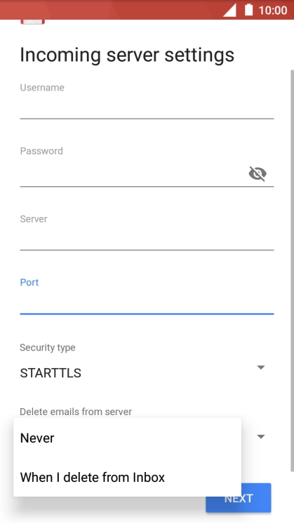 Press Never to keep email messages on the server when you delete them on your phone.