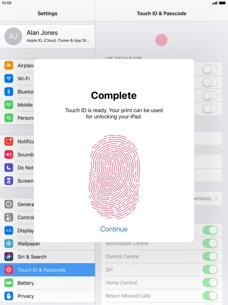 Press Continue. If you haven't previously selected a lock code, key in a code of your own choice twice.