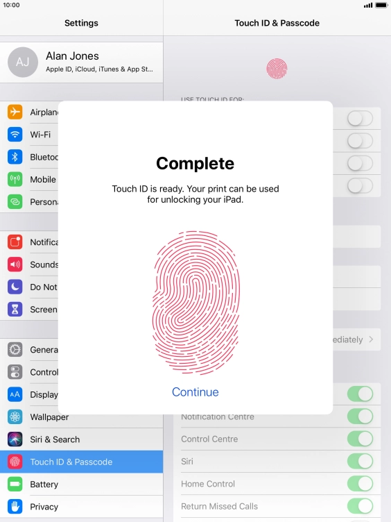 Press Continue. If you haven't previously selected a lock code, key in a code of your own choice twice.
