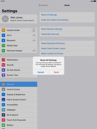 Press Reset. Wait a moment while the factory default settings are restored. Follow the instructions on the screen to set up your tablet and prepare it for use.