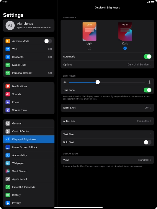 If you turn on the function, press Options and follow the instructions on the screen to select the required period of time for Dark Mode.