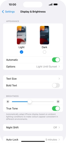 If you turn on the function, press Options and follow the instructions on the screen to select the required period of time for Dark Mode.