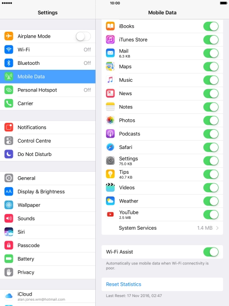 Press the indicator next to the required application to turn the function on or off.