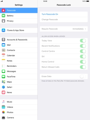 Press Turn Passcode On and key in a lock code of your own choice twice.