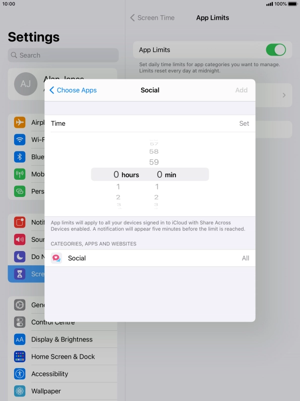 Set the required time limit for use of the selected category.