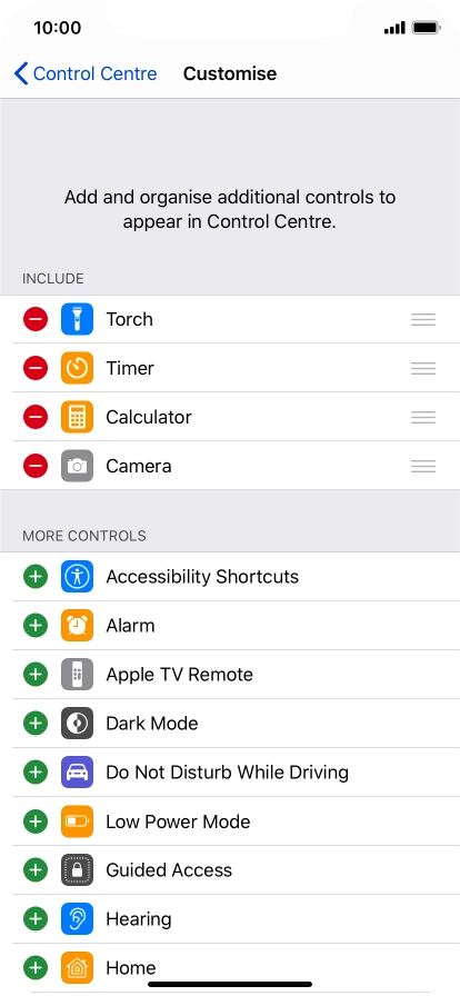 Press the delete icon next to the required function to remove it from Control Centre.