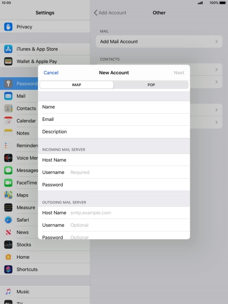 Press Username and key in the username for your email account.