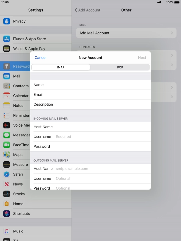 Press Username and key in the username for your email account.