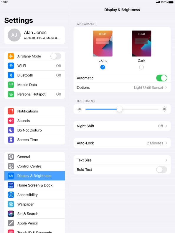 If you turn on the function, press Options and follow the instructions on the screen to select the required period of time for Dark Mode.