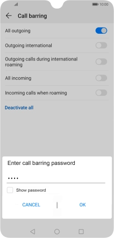 Key in your barring password and press OK. The default barring password is 0000.