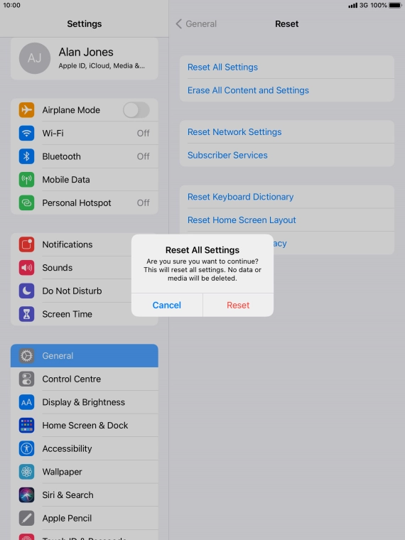 Press Reset. Wait a moment while the factory default settings are restored. Follow the instructions on the screen to set up your tablet and prepare it for use.