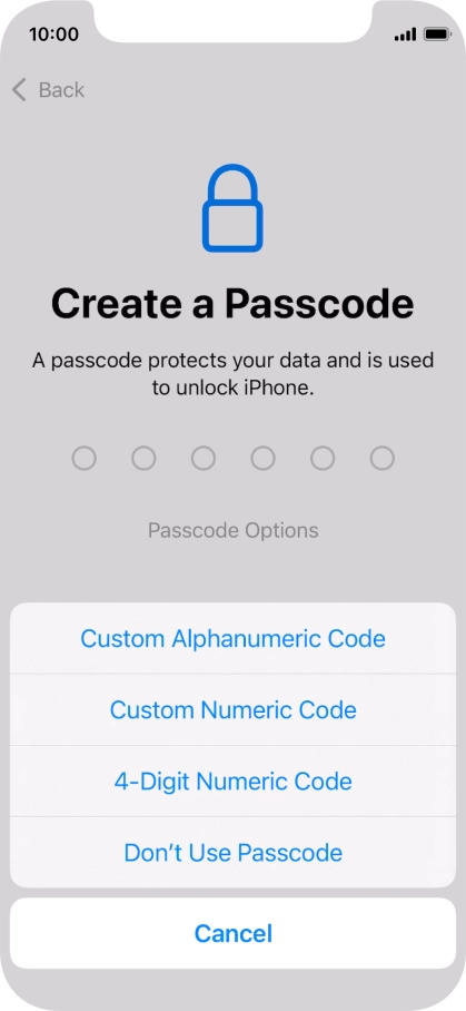 Follow the instructions on the screen to turn on use of phone lock code or press Don't Use Passcode.