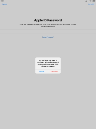 Key in the password for your Apple ID and press Erase iPad. Wait a moment while the factory default settings are restored. Follow the instructions on the screen to set up your tablet and prepare it for use.