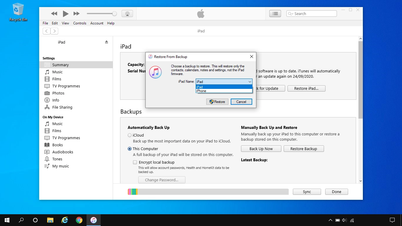 Click the required backup.
