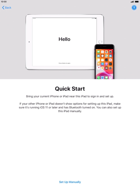 Follow the instructions on the screen to transfer content from another device running iOS 11 or later or press Set Up Manually.