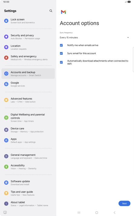 If this screen is displayed, you email account has been recognised and set up automatically. Follow the instructions on the screen to key in more information and finish setting up your tablet.