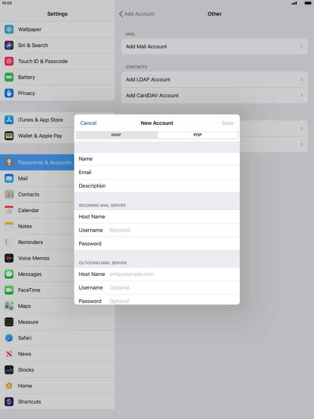 Press Username and key in the username for your email account.