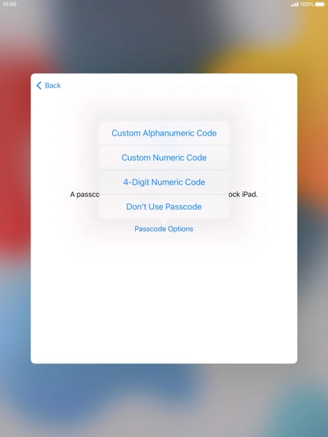 Follow the instructions on the screen to turn on use of lock code or press Don't Use Passcode.