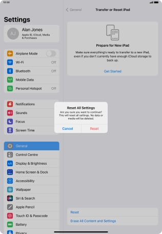 Press Reset. Wait a moment while the factory default settings are restored. Follow the instructions on the screen to set up your tablet and prepare it for use.