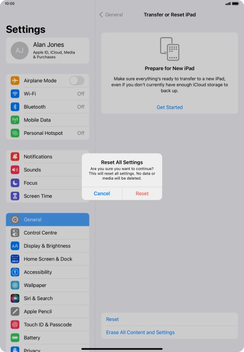 Press Reset. Wait a moment while the factory default settings are restored. Follow the instructions on the screen to set up your tablet and prepare it for use.