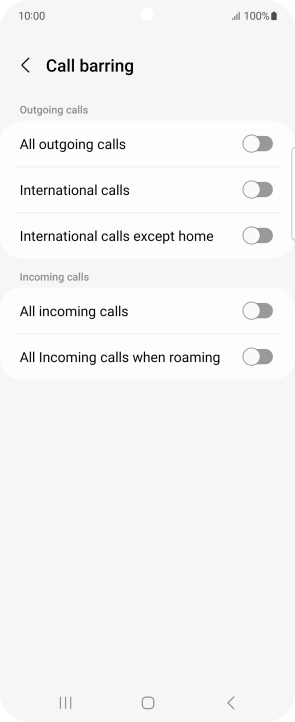 Press the indicator next to the required barring type to turn the function on or off.