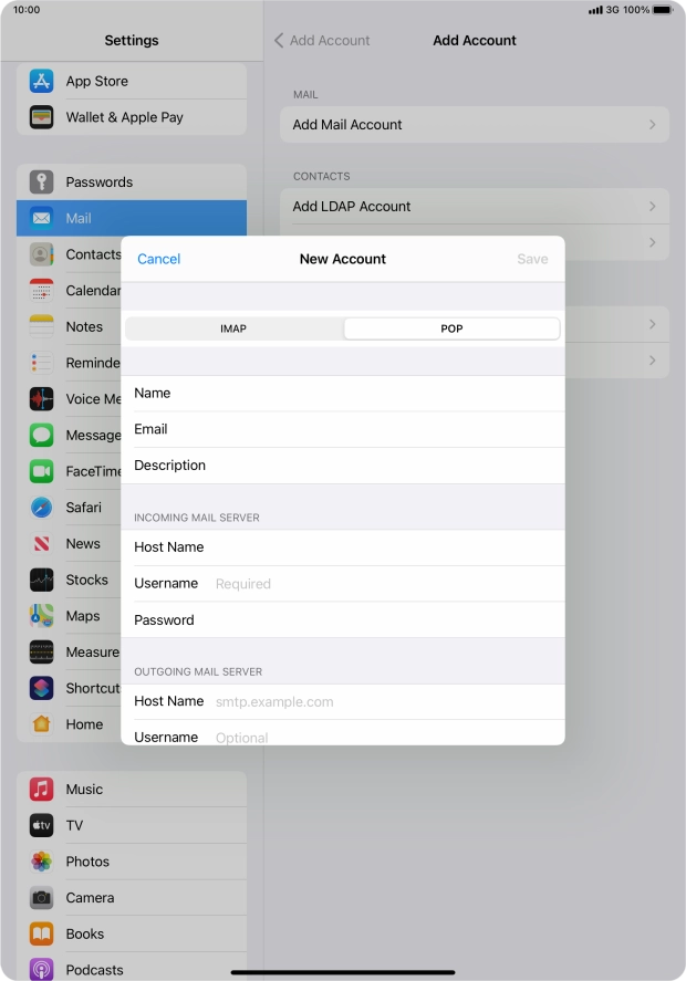 Press Username and key in the username for your email account.