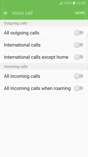 Press the indicator next to the required barring type to turn the function on or off.